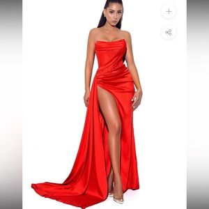 MISS CIRCLE Holly Red Crystallized Corset High Slit Satin Gown